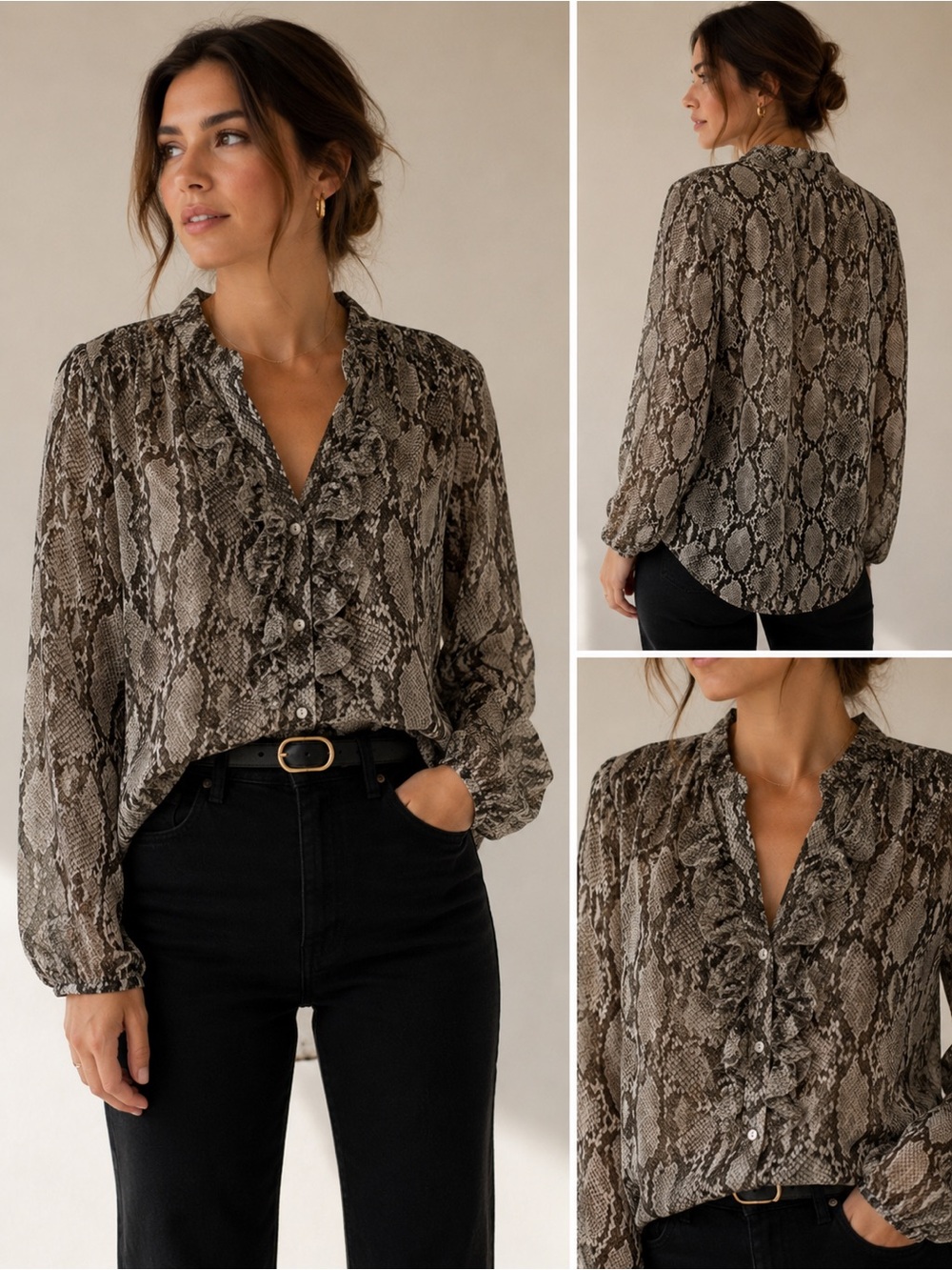 Snake Print Blouse with Ruffle Detail